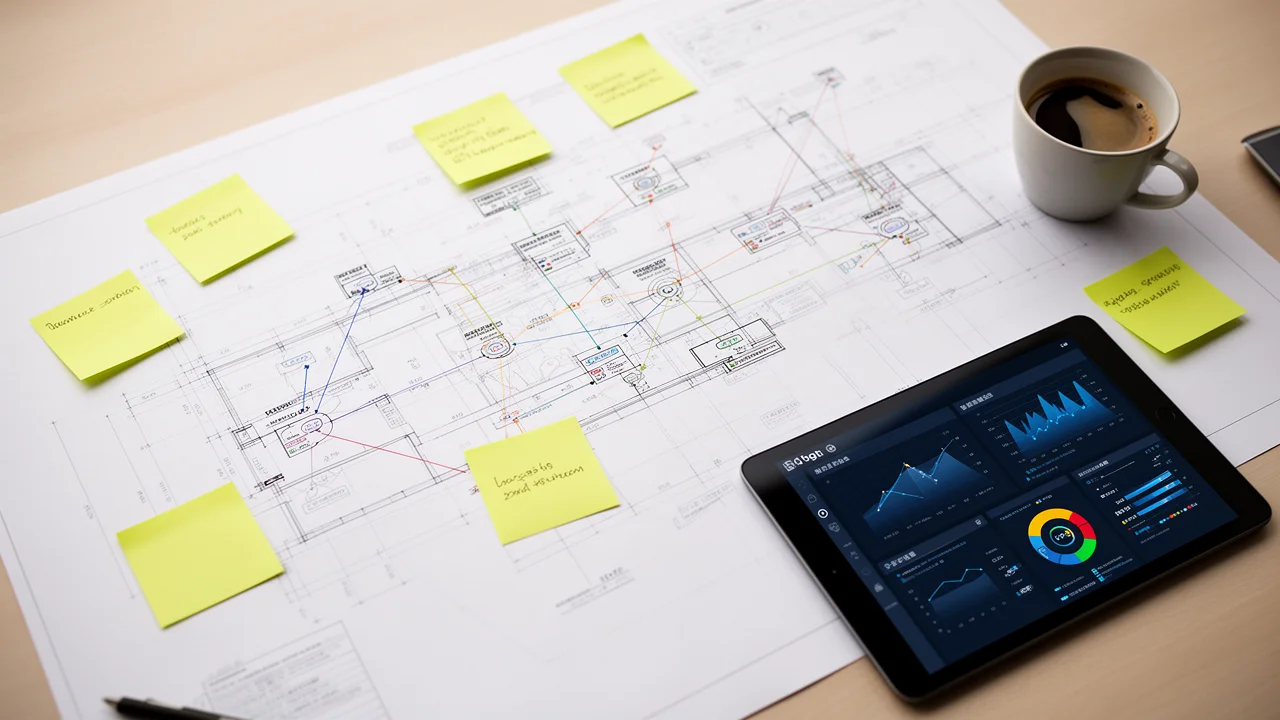 A strategist's workspace with a network architecture blueprint, representing the planning phase of content network development.