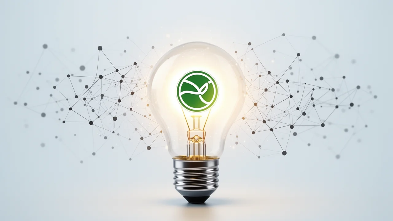 A glowing lightbulb containing a brand logo, with connections radiating outward, representing brand awareness spreading through a network.