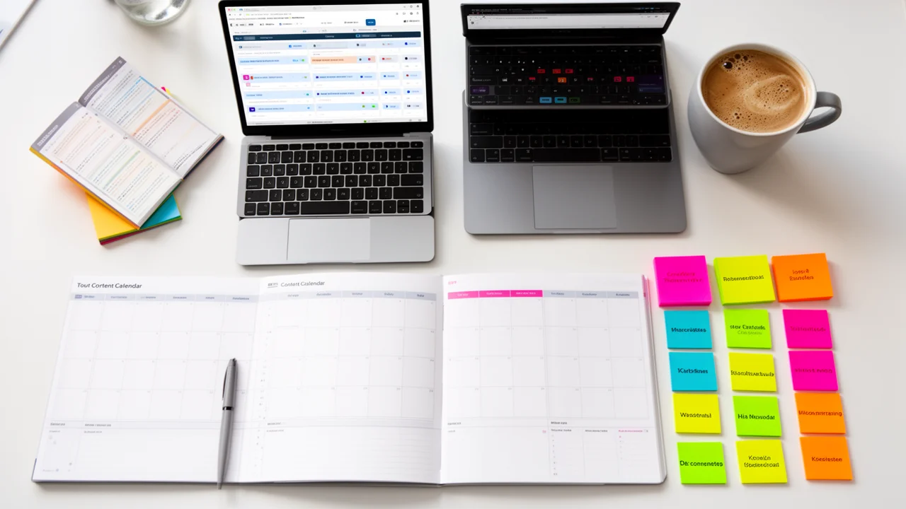 An organized workspace with a planner, laptop, and sticky notes, symbolizing strategic content planning for multiple projects.