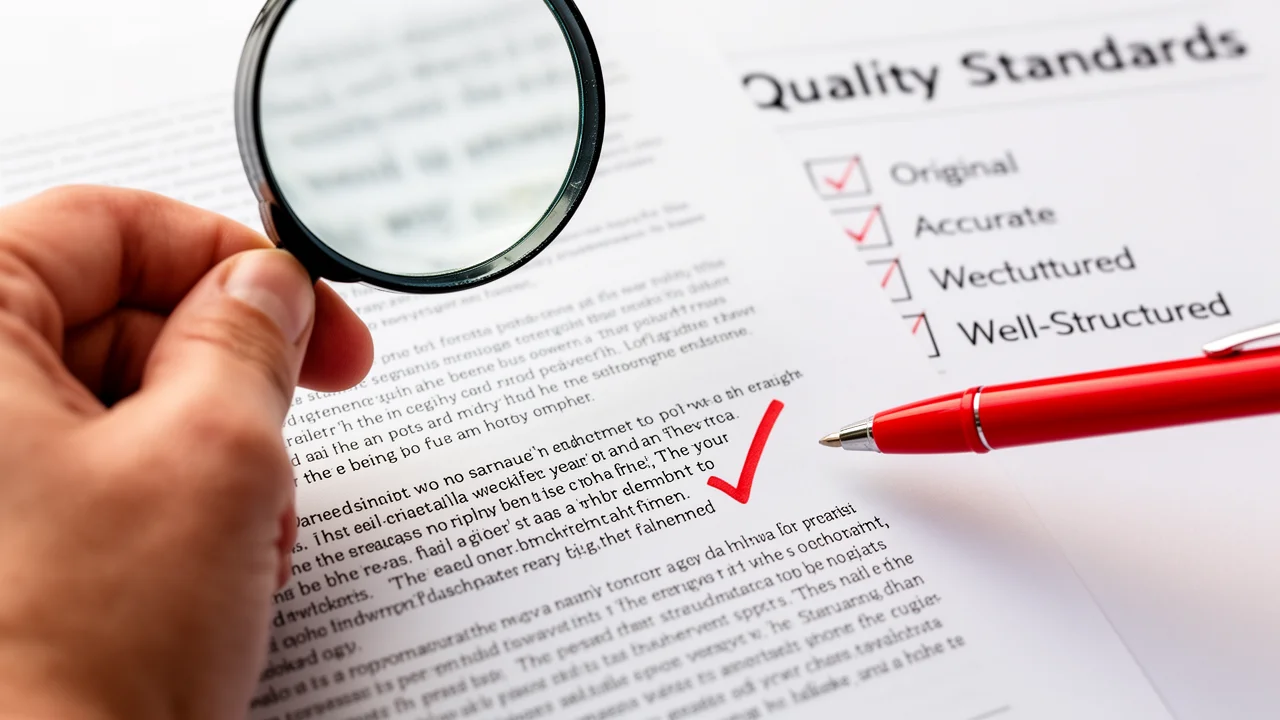A magnifying glass and pen inspecting a document, symbolizing rigorous editorial review and quality assurance for content.