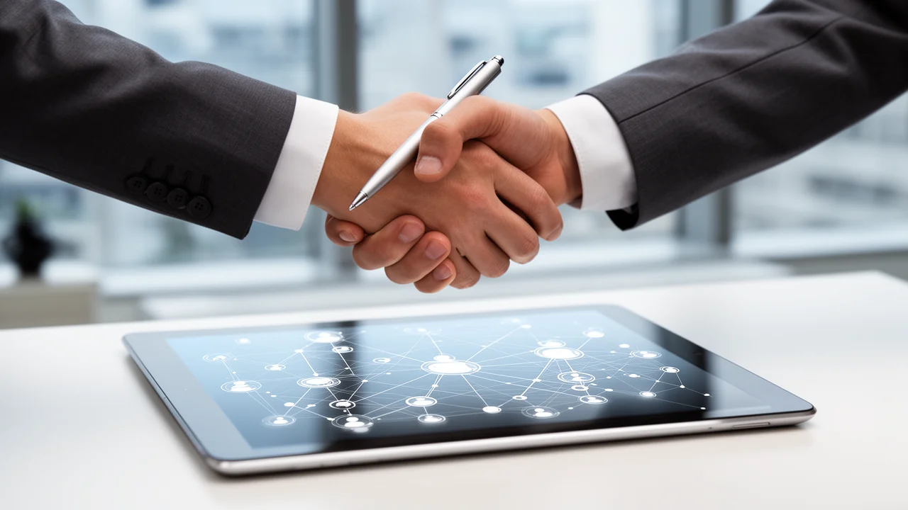 A handshake over a digital network diagram, symbolizing strategic partnership and consultation in content network planning.