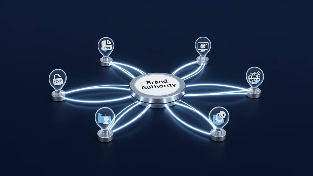 A conceptual 3D diagram showing a central brand hub connected to multiple content satellite nodes, representing a strategic content network architecture.