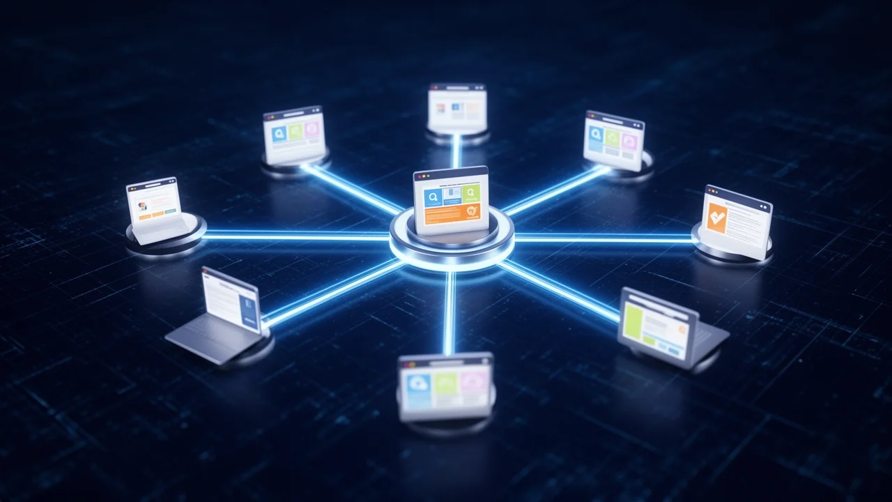 A diagram illustrating a central hub website connected to multiple satellite sites, visualizing a content network structure for SEO.