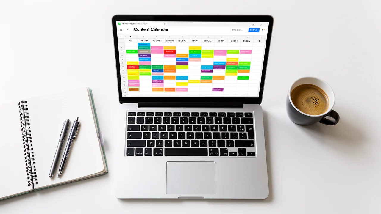 A desk with a laptop showing a content calendar for planning blog posts and articles across multiple websites.